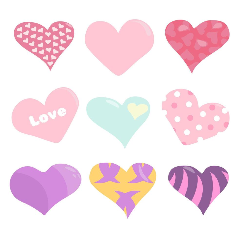 reeks van harten met divers patronen van roze, Purper, munt kleuren voor geliefden in vector