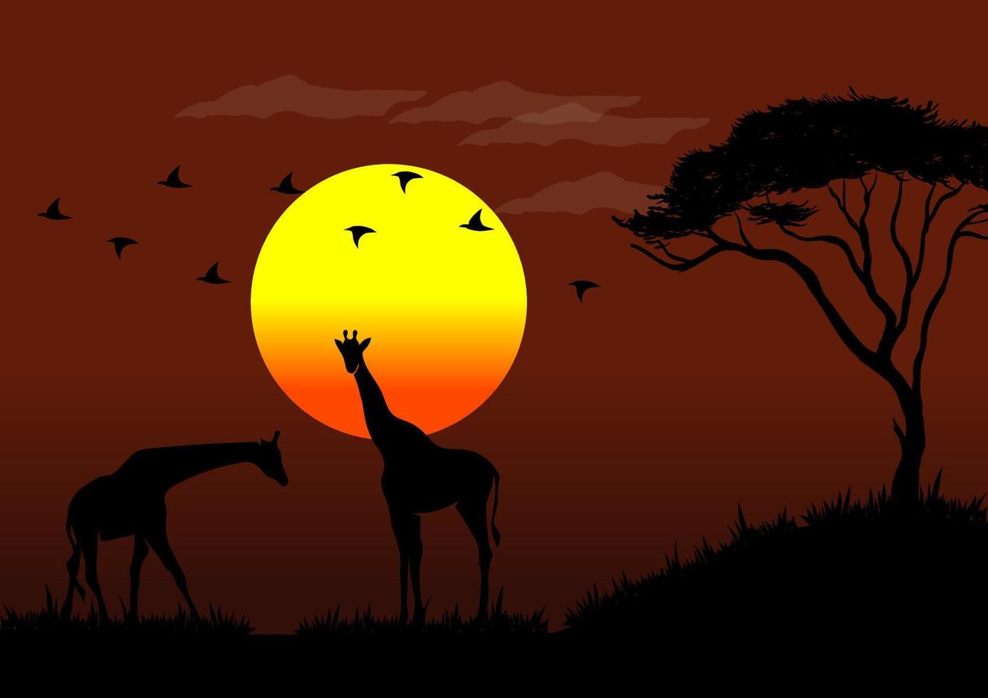 vector illustratie van Afrikaanse dieren in het wild Bij zonsondergang met giraffe