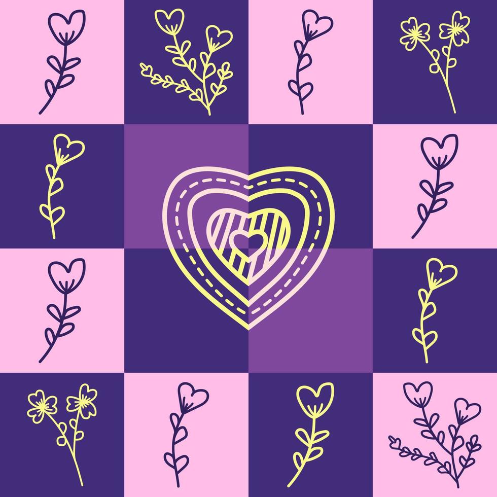 schattig liefde en bloem vorm Aan Purper meetkundig plein achtergrond ontwerp. naadloos patroon vector illustratie. geschikt voor Valentijnsdag dag kaarten, omhulsel papier, textiel
