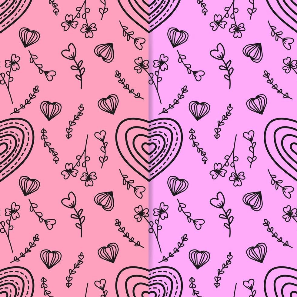 lijn tekening van hart vorm en schattig bloemen ornament Aan twee kleur achtergrond. naadloos patroon vector illustratie. geschikt voor Valentijnsdag dag kaarten, omhulsel papier, textiel