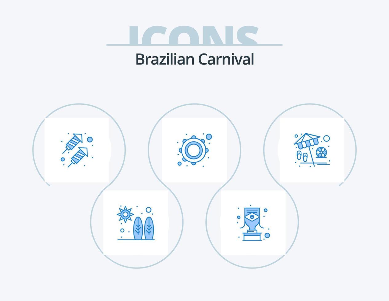 braziliaans carnaval blauw icoon pak 5 icoon ontwerp. vakantie. strand. raket. tamboerijn. muziek- vector