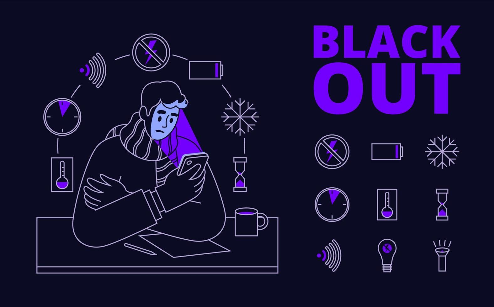 Black Out concept en pictogrammen reeks in lineair stijl Aan donker achtergrond. vector illustratie