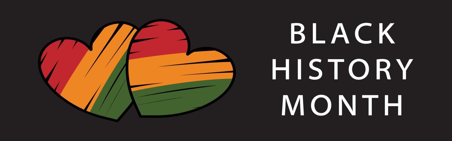 zwart geschiedenis maand lang horizontaal banier met hart symbool met hand- getrokken hartinfarct, 3 strepen kleuren van Afrikaanse vlag, simpel tekst logo. Afrikaanse erfgoed viering vector sjabloon ontwerp