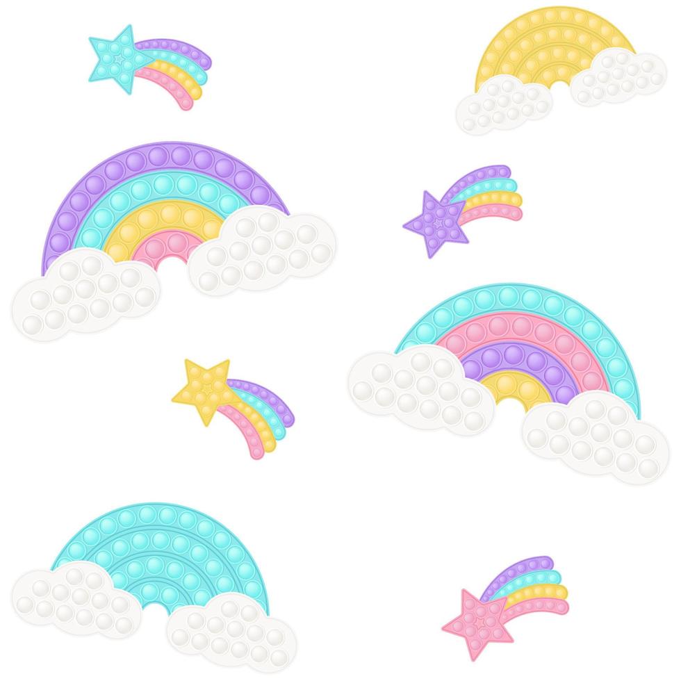 knallen speelgoed- achtergrond net zo een modieus silicium friemelen speelgoed. verslavend anti stress speelgoed- in pastel kleuren. bubbel achtergrond met regenboog, ster, eenhoorn, hart, schelp. vector illustratie breed formaat.