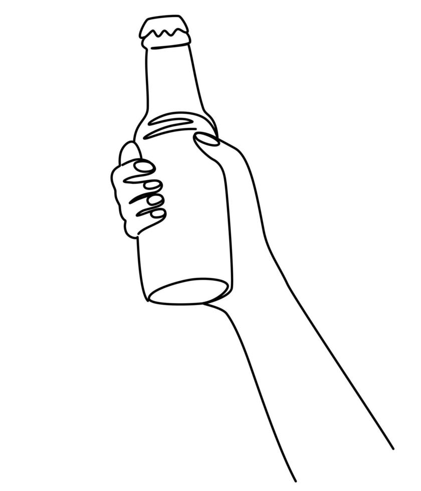 hand- Holding een fles van bier. ambacht drinken alcohol ale in gemakkelijk lineair stijl voor bar en kroeg concept voor menu. oktoberfeest apparatuur. doorlopend een lijn tekening van bier glas met schuim. vector