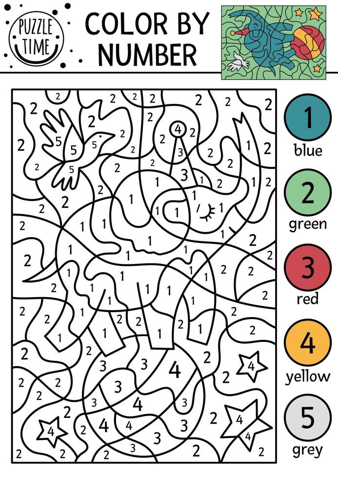 vector circus kleur door aantal werkzaamheid met olifant in partij hoed Aan een bal. sprookje zwart en wit tellen spel met schattig dier. grappig amusement tonen kleur bladzijde voor kinderen