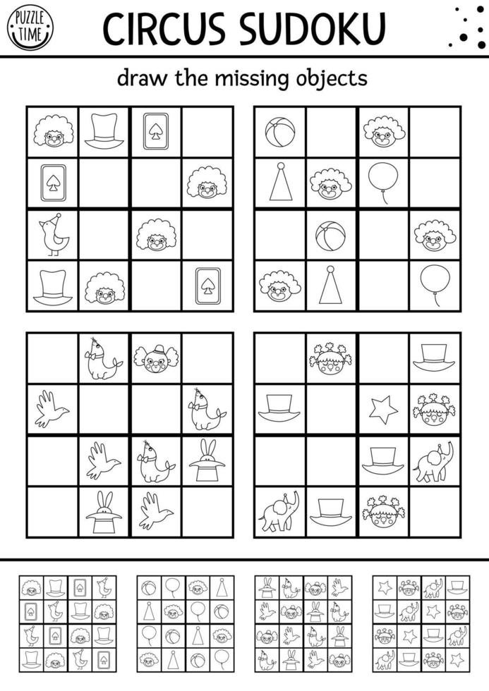 vector circus zwart en wit sudoku puzzel voor kinderen met afbeeldingen. gemakkelijk lijn amusement tonen quiz. onderwijs werkzaamheid of kleur bladzijde met clown, dieren, hoed. trek missend voorwerpen