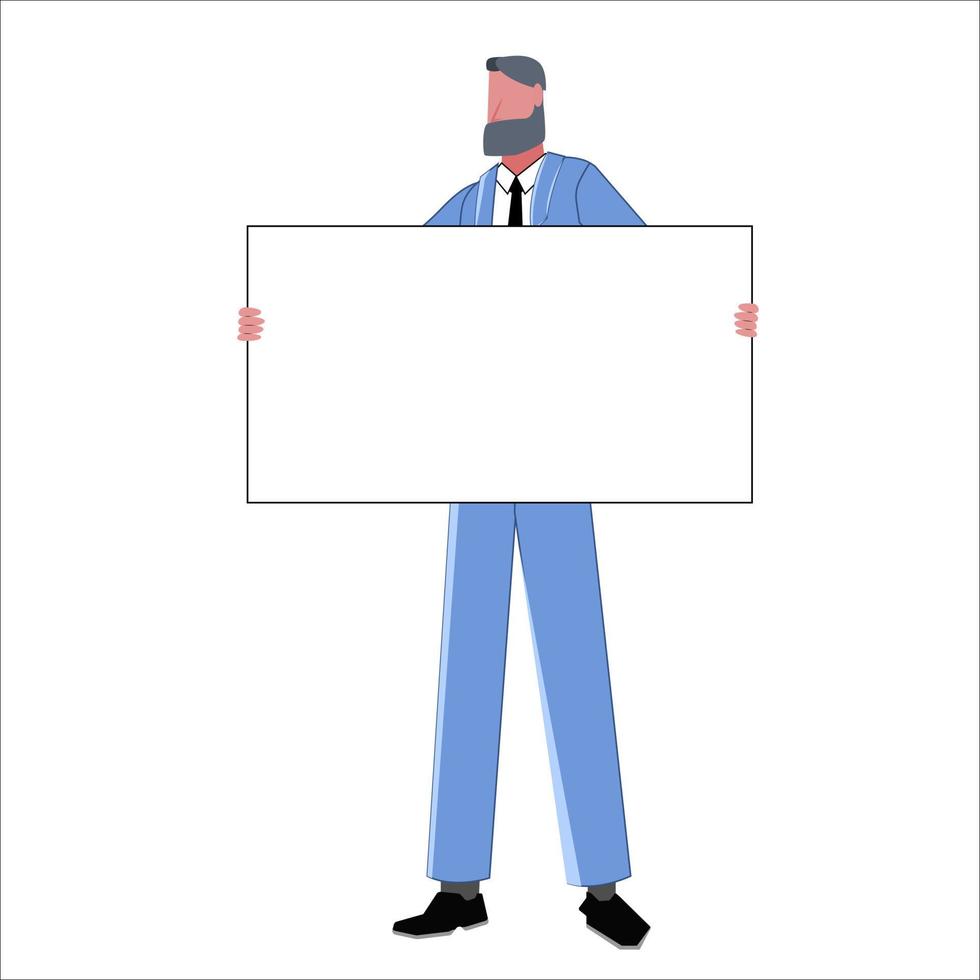 een zakenman in een bedrijf pak is Holding een groot blanco poster in voorkant van hem. sjabloon voor inscripties. vlak vector illustratie.