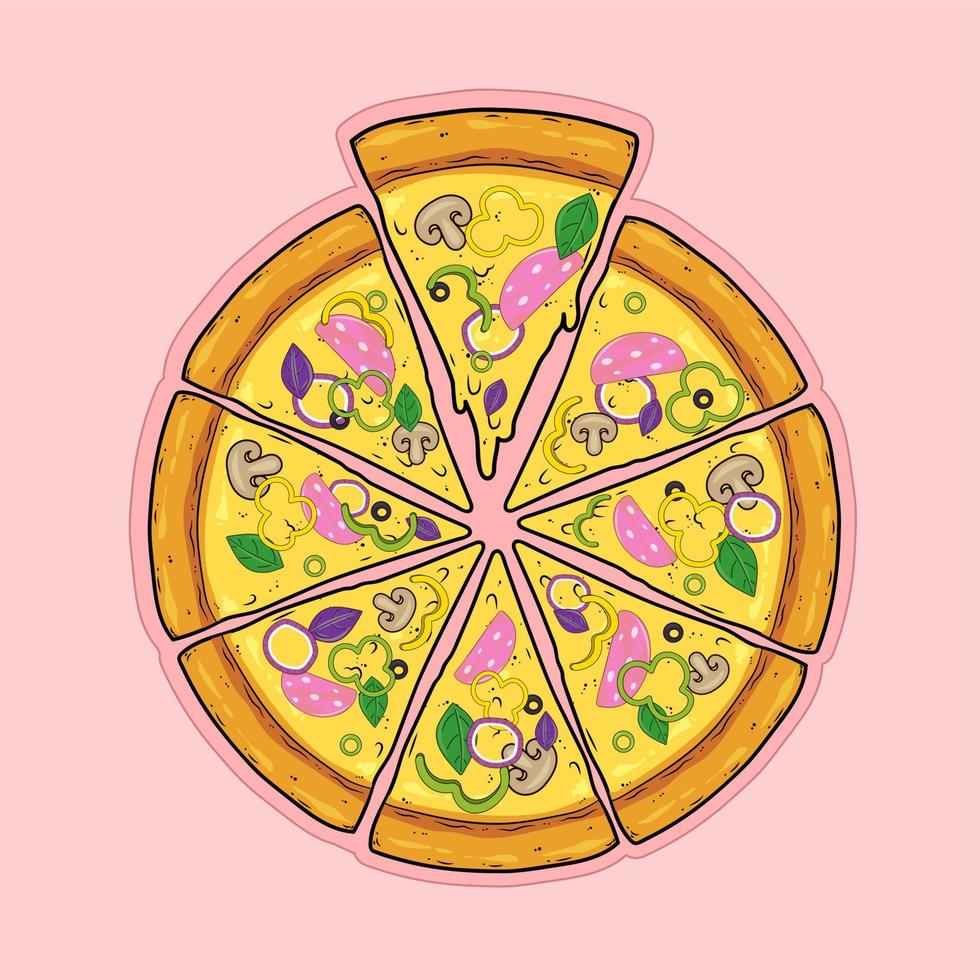 gesneden pizza met worst, ham, prosciutto, pepers, uien, basilicum, paddestoelen, olijven en kaas. vlak vector illustratie.