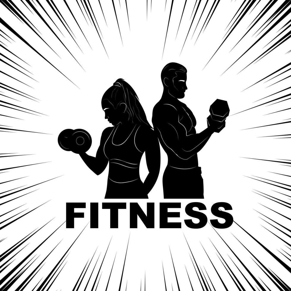 vrouw en Mens in opleiding. geschiktheid. halters. silhouet. logo. sport. Sportschool. bodybuilding. vector
