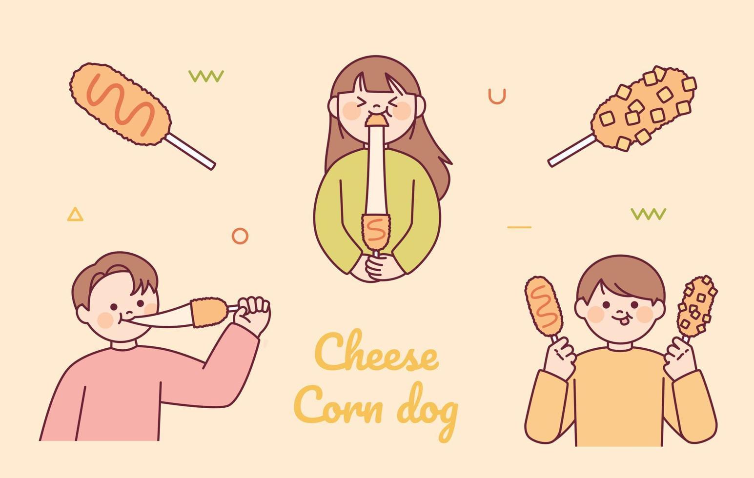 Koreaans kaas heet honden en aardappel heet honden. mensen zijn Holding maïs honden in hun handen en aan het eten heerlijk. vector