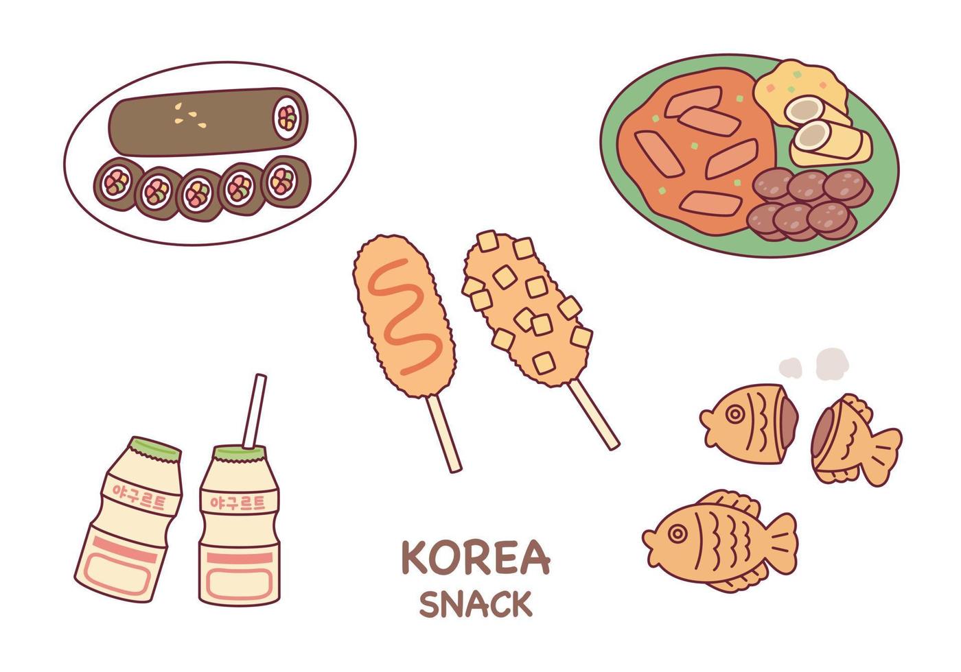 Koreaans straat voedsel. ijscoupe, tteokbokki, heet hond, taiyaki, en yoghurt. vector