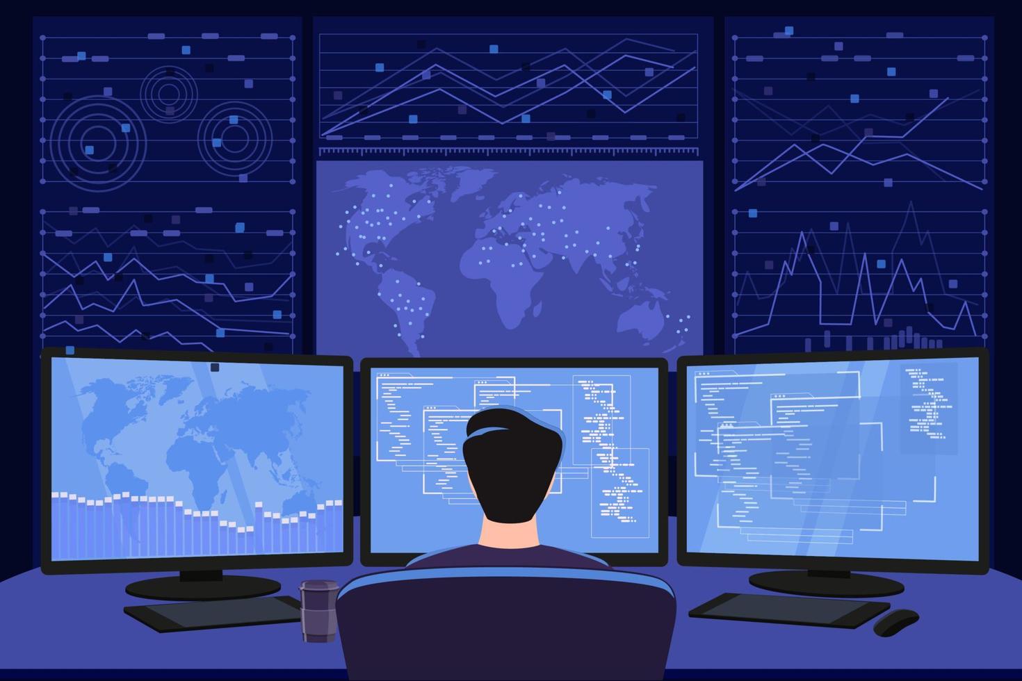 een Mens zit Bij een computer Bij nacht, visie van de rug, werk Bij nacht Bij de monitoren, analytisch activiteiten in de donker, zonder licht. cyber veiligheid, handelaar, bedrijf, programmeur concept. vector