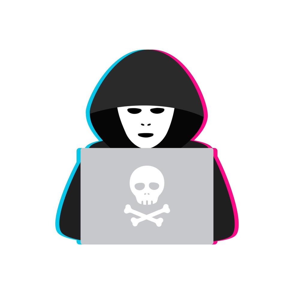 hacker, cyber crimineel met laptop stelen gebruiker persoonlijk gegevens. hacker aanval en web veiligheid concept. vector illustratie met glitch effect.