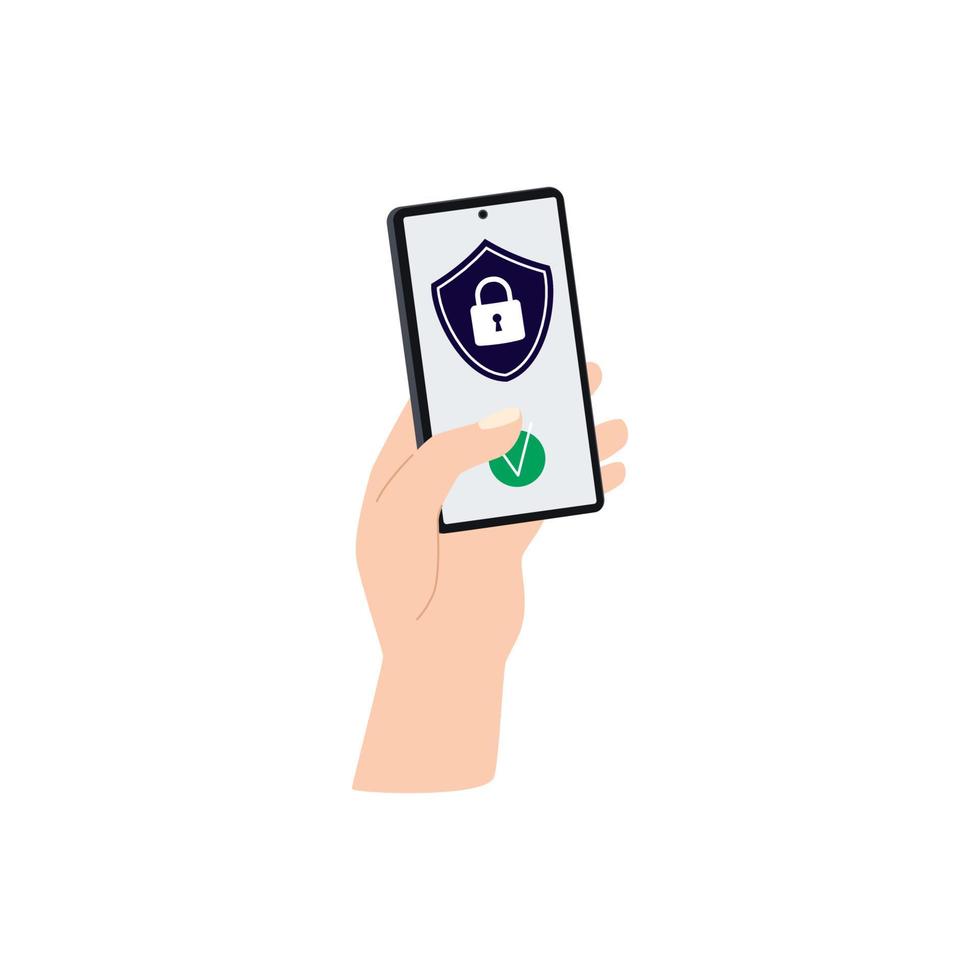 een hand- houdt een smartphone met een cyber veiligheid schild. web toegang veiligheid concept. privacy, zeker, veilig teken. smartphone gegevens bescherming ontwerp. vector illustratie.