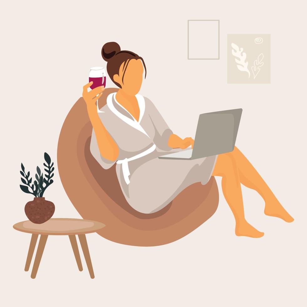 vrouw met laptop zittend Aan de stoel Bij huis in dressing japon en met glas van wijn vector vlak illustratie.jong vrouw ontspannende met notitieboekje in modern appartement.freelance of aan het studeren concept