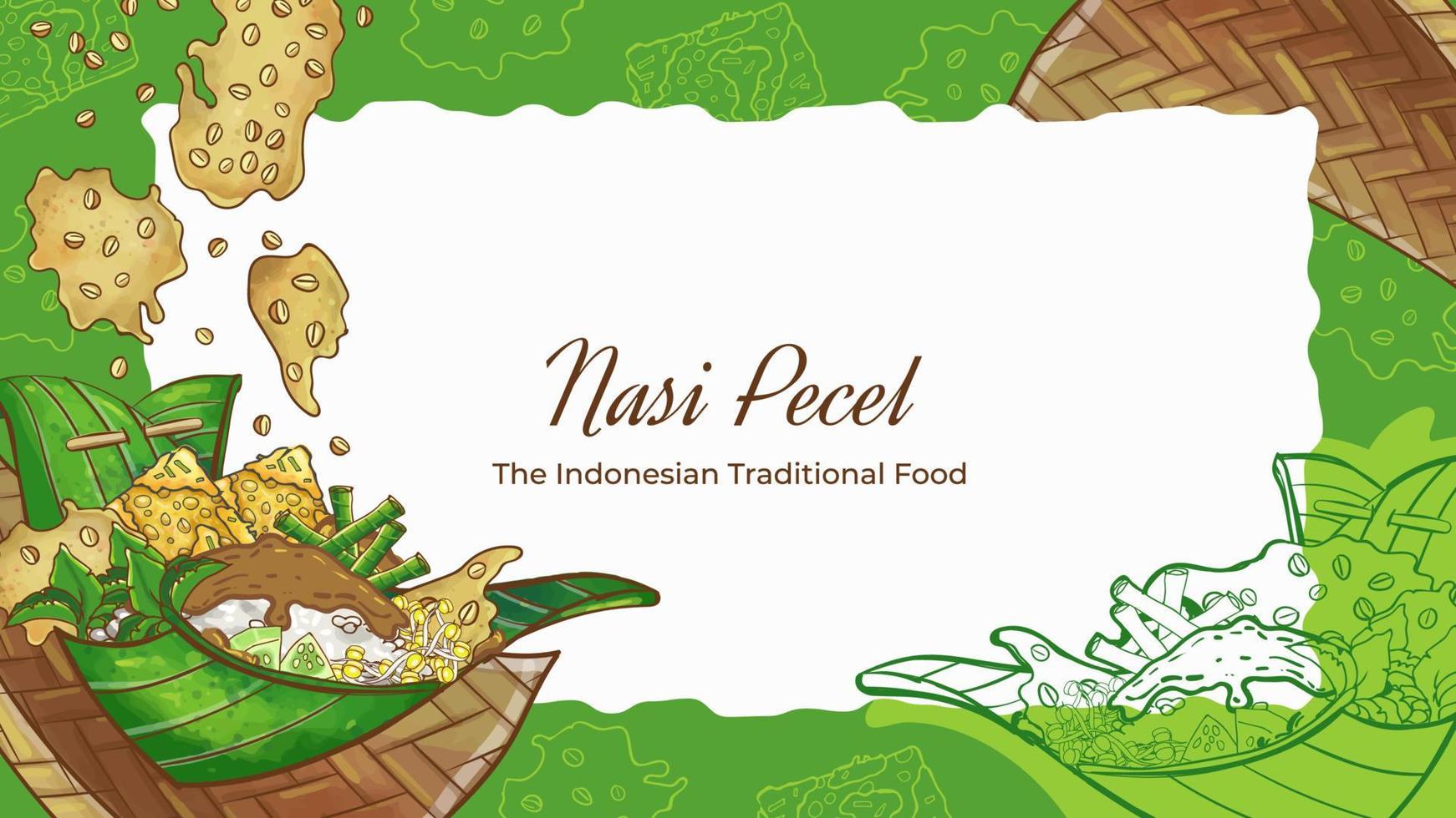 hand- getrokken nasi pecel de Indonesisch traditioneel voedsel achtergrond vector