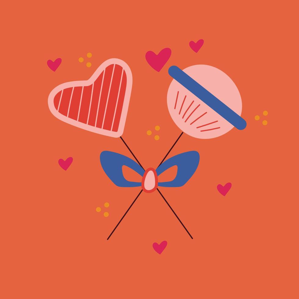 romantisch kaart voor Valentijnsdag dag. plein Sjablonen met snoepjes gebonden met een boog, harten, stippen. vector illustratie Aan een helder oranje achtergrond.