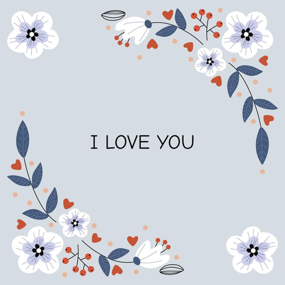 groet kaart gelukkig Valentijnsdag dag, februari 14, verklaring van liefde. plein sjabloon met bloemen en tekst ik liefde u in blauw kleuren. vector illustratie Aan een blauw achtergrond.