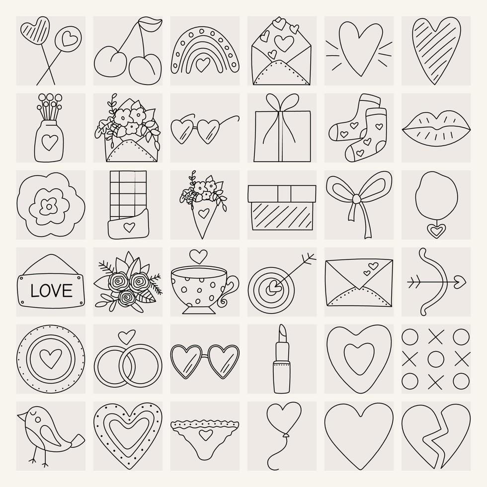 reeks van pictogrammen, elementen voor Valentijnsdag dag, verklaringen van liefde en bruiloft krabbels. harten, kers, geschenk, chocola. zwart lijn. vector