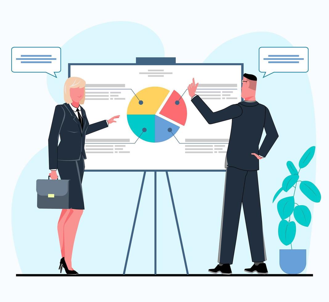 zakenman en zakenvrouw bespreken bedrijf groei ontwikkeling strategie, Daar is een diagram Aan de bord, analyse vlak vector illustratie