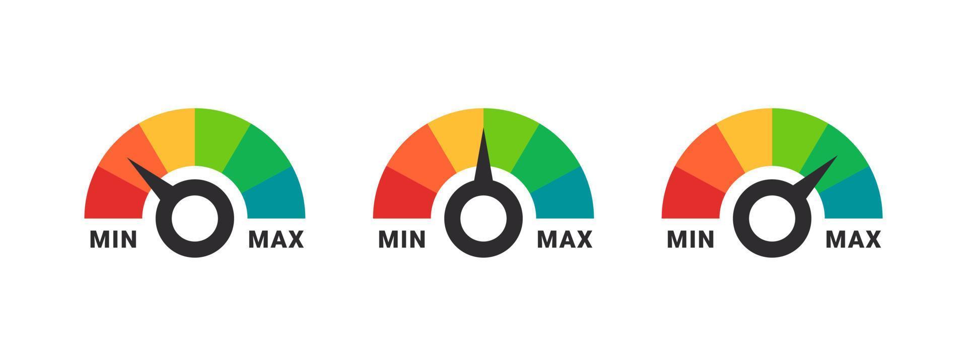 indicator pictogrammen. rendement meter. risico meter. prestatie meting. klant tevredenheid. vector illustratie