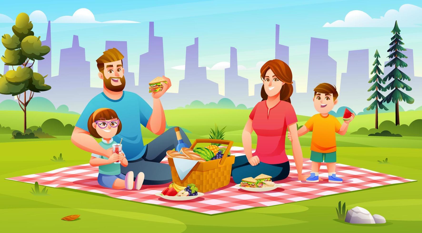 gelukkig familie hebben een picknick in de park. pa, mama, zoon, en dochter zijn resting samen in natuur vector illustratie
