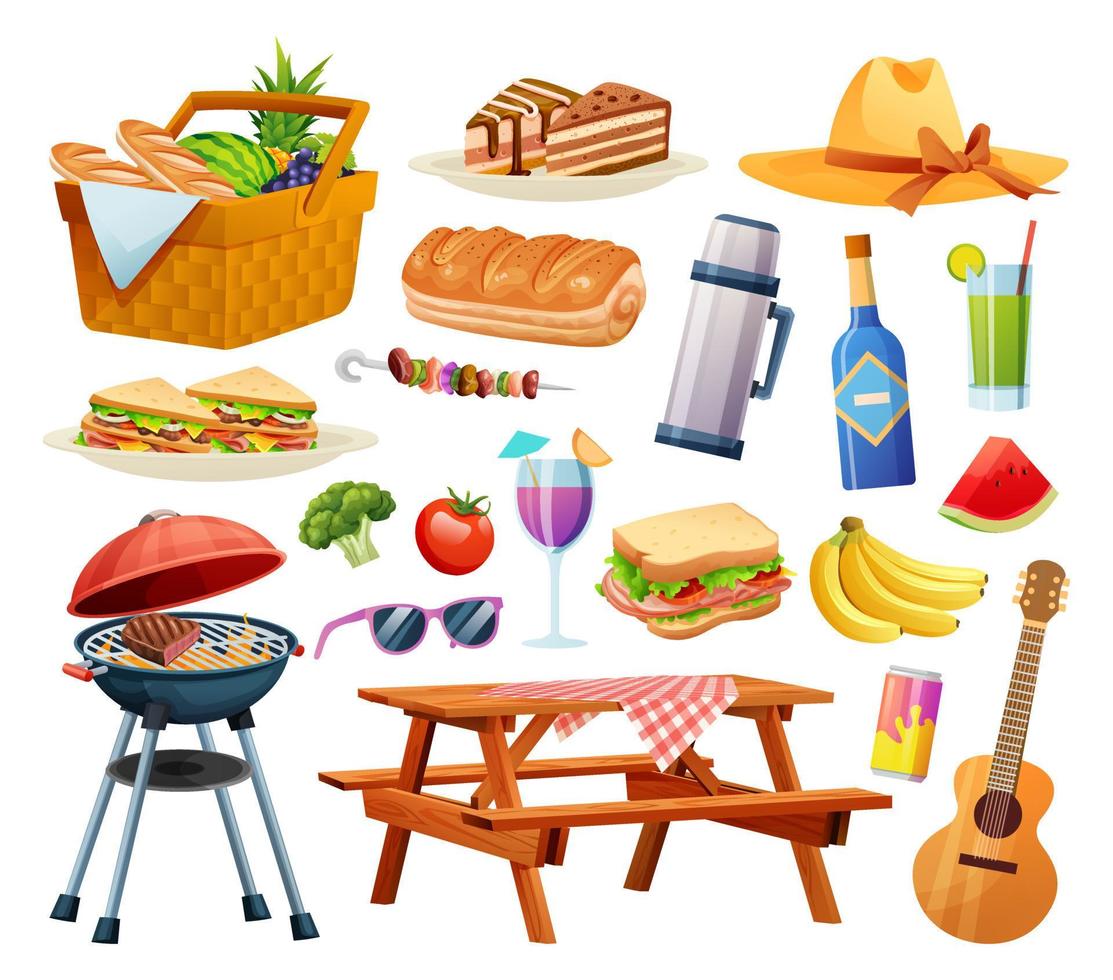 picknick element illustratie set. mand met voedsel, drank, fruit, grillen uitrusting vector