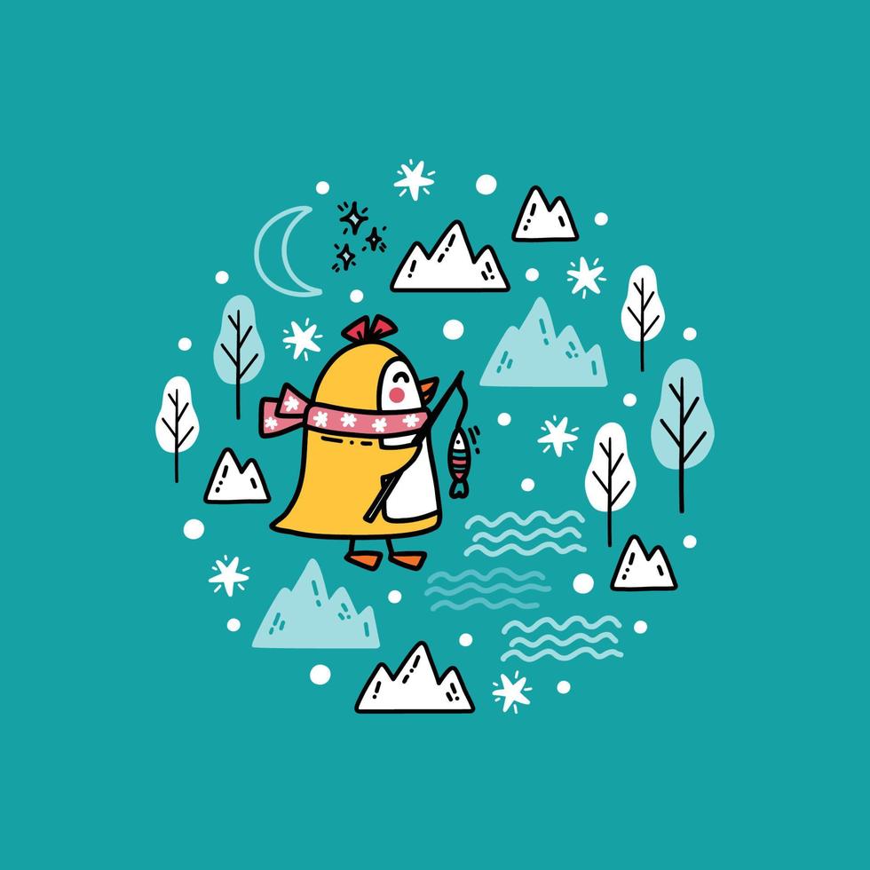 schattig winter illustratie met baby pinguïn visvangst tussen ijsbergen vector