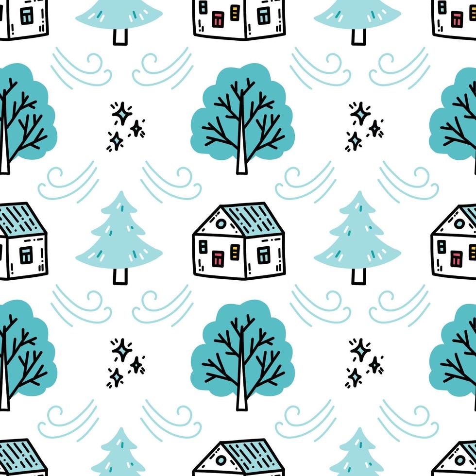 winter naadloos patroon met schattig klein huizen en besneeuwd bomen vector