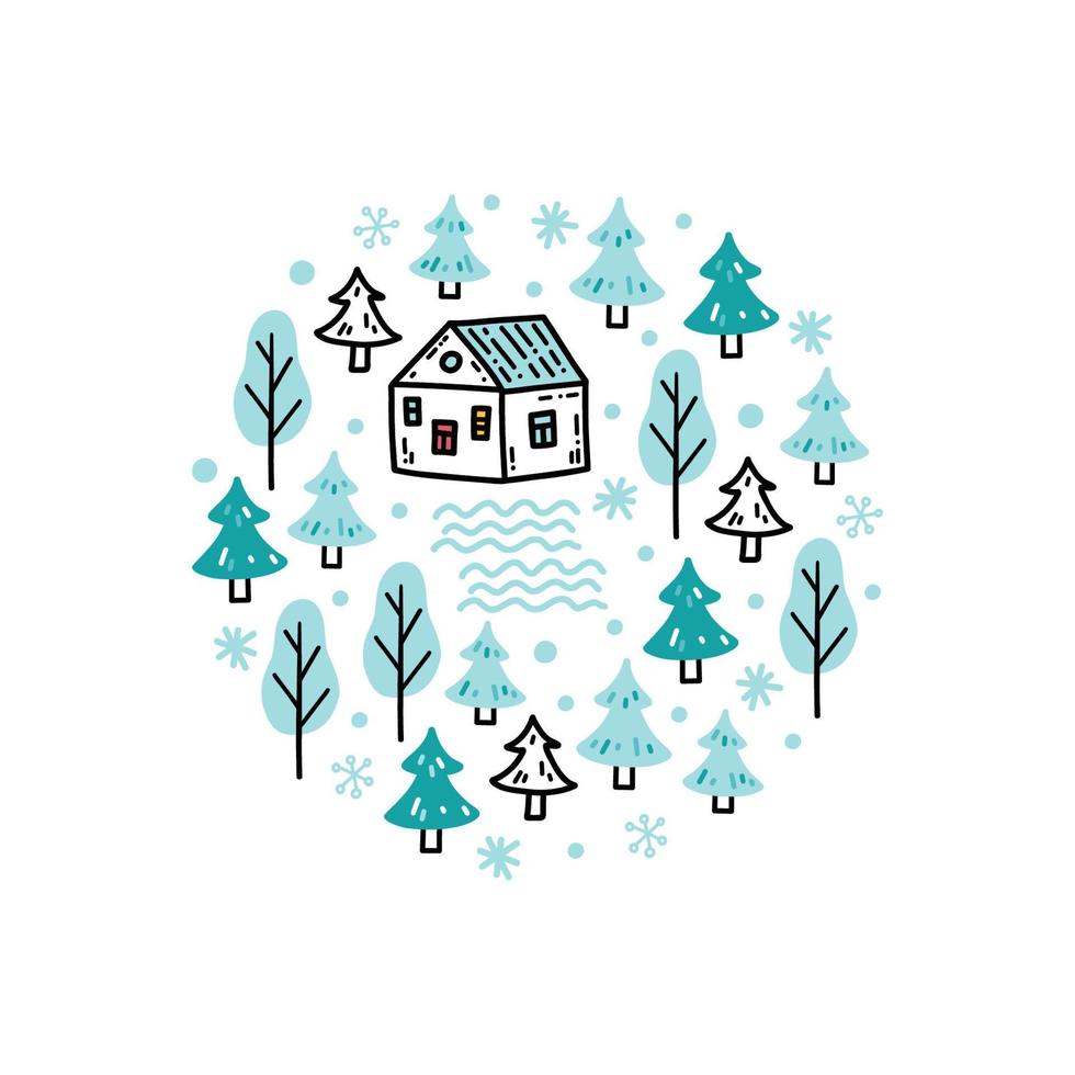 winter illustratie met schattig klein huis, bomen, sneeuwvlokken vector