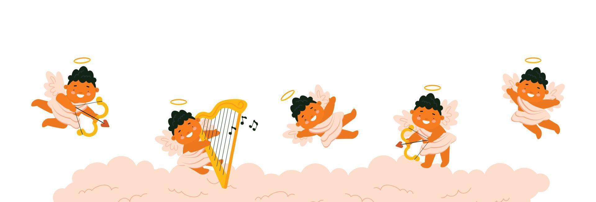 schattig baby cupido's spelen Aan wolk. horizontaal grens banier met vrij ruimte voor tekst. vector illustratie voor st. Valentijnsdag dag kaart, afdrukken, kinderen producten ontwerp.