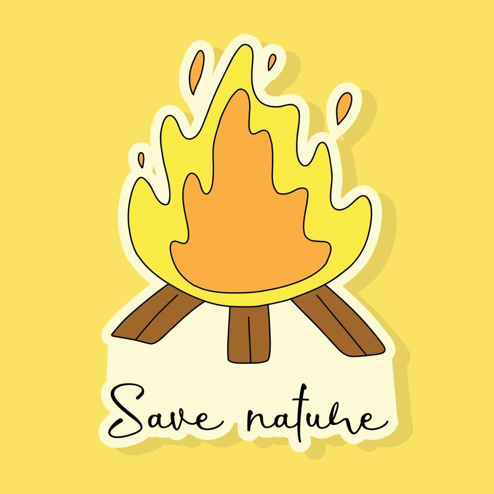 opslaan natuur sticker. jaren 2000 stijl. sticker in y2k stijl. kampvuur met belettering. vector