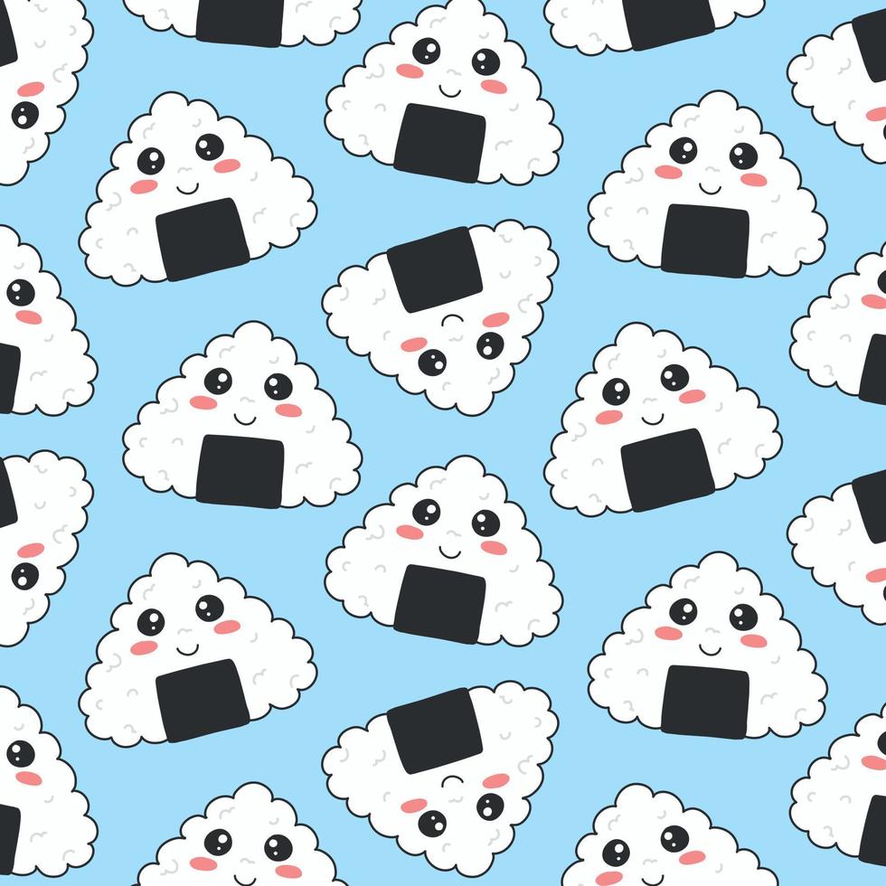 naadloos patroon met onigiri in kawaii stijl. sushi in kawaii stijl. schattig tekenfilm onigiri met een gezicht. vector illustratie.