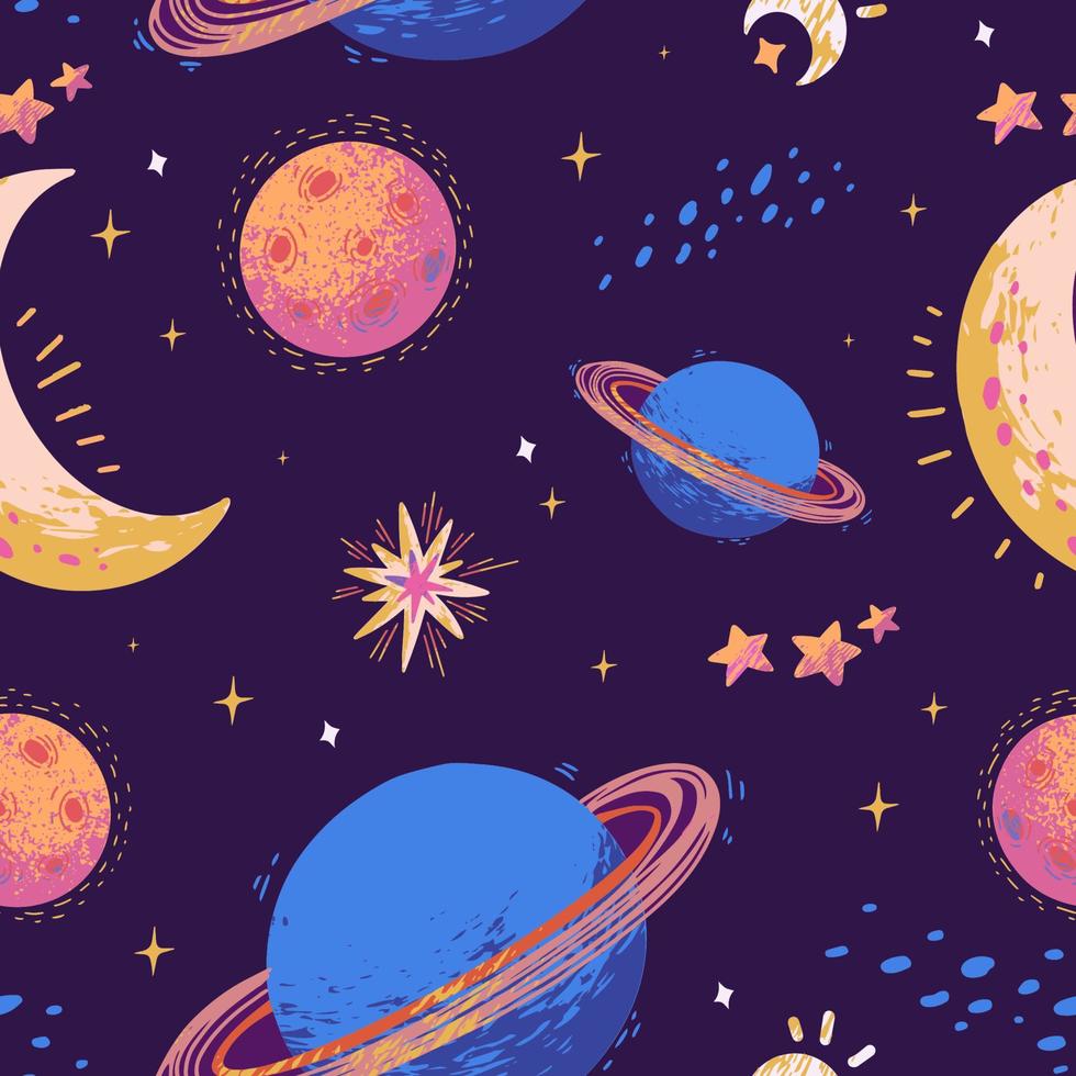 kleurrijk hand getekend ruimte patroon met blauw en roze planeten, maan en sterren vector