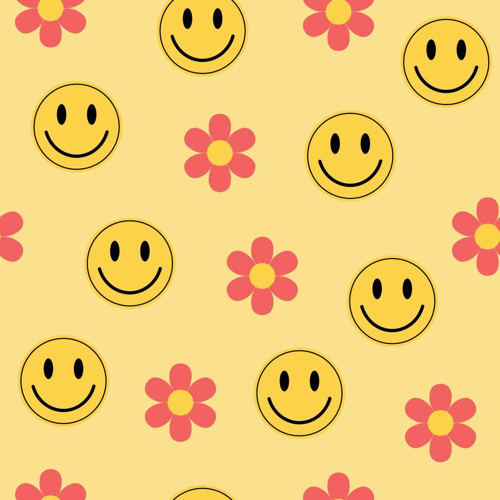 hippie y2k groovy emoji's en bloemen naadloos patroon. geel glimlach stickers en roze kleur bloemen. vector