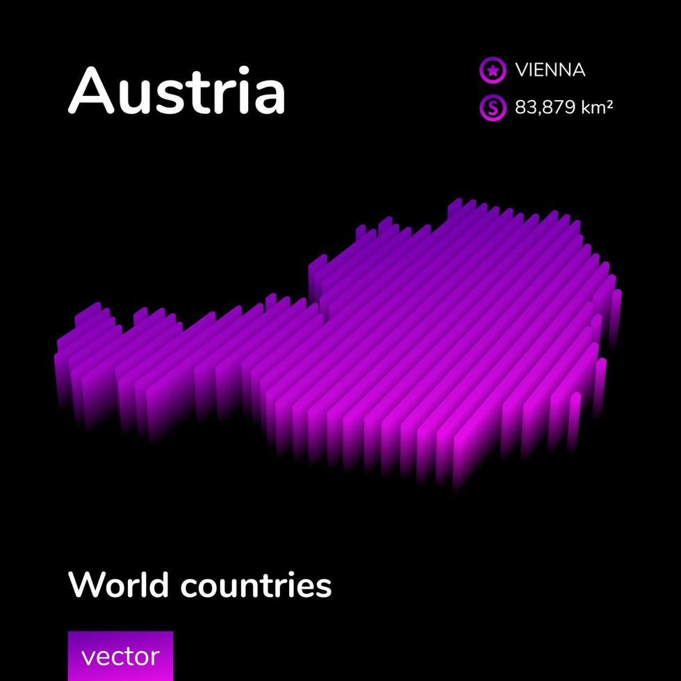 gestileerde neon digitaal isometrische gestreept vector Oostenrijk kaart met 3d effect. kaart van Oostenrijk is in paars en roze kleuren Aan de zwart achtergrond