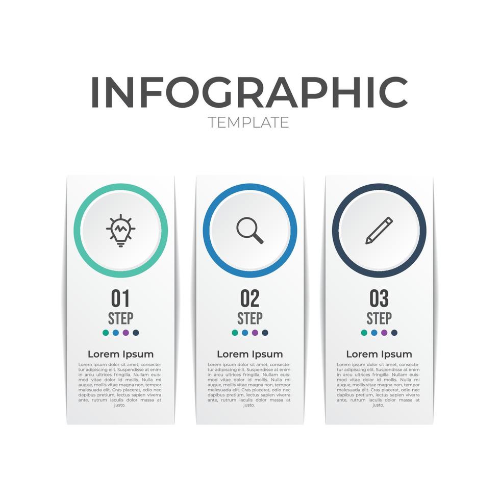 infographic element sjabloon met 3 stappen en pictogrammen, vector illustratie, gegevens visualisatie, kan gebruik voor werkstroom, tijdlijn, banier, brochure, presentatie schuiven, enz.