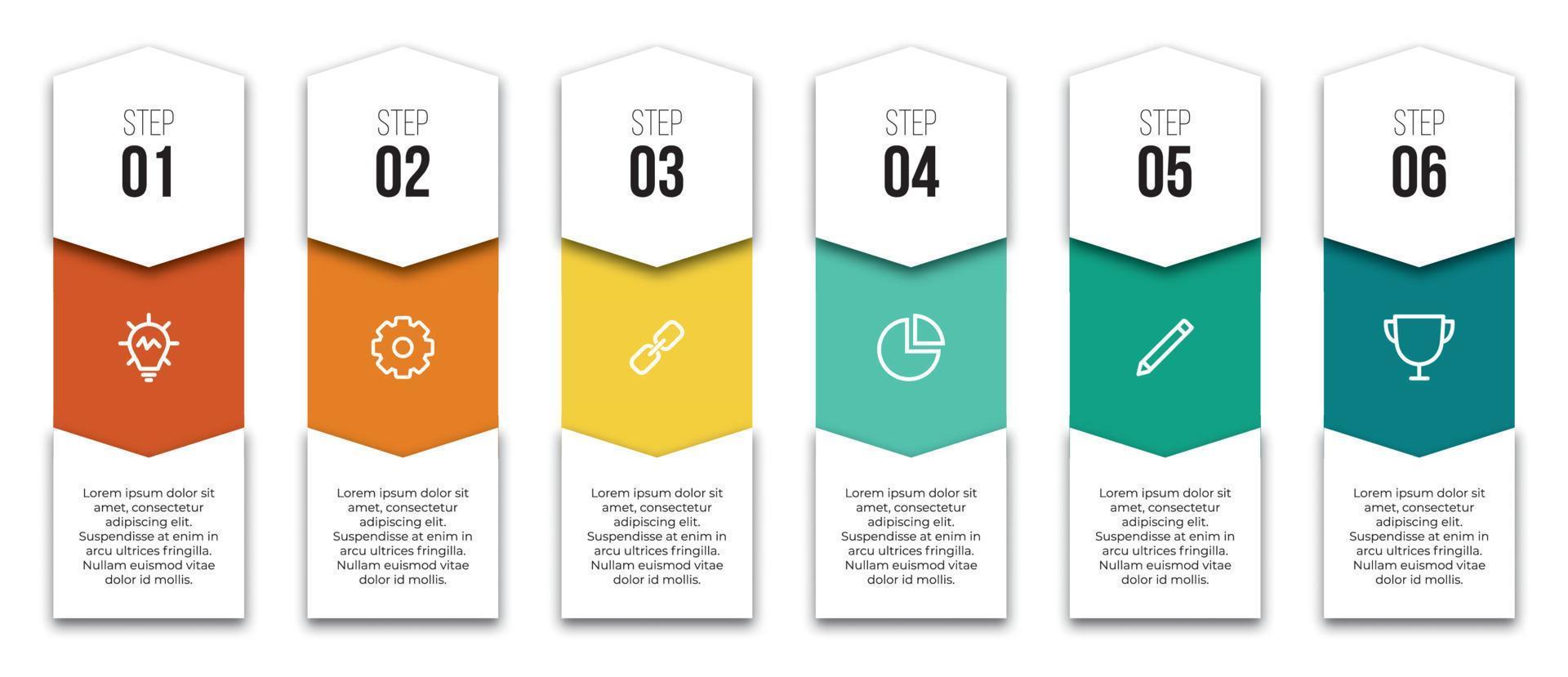 6 points of stappen lay-out ontwerp met pictogrammen voor infografisch, brochure, presentatie, werkstroom, banier, werkwijze, enz. vector illustratie.