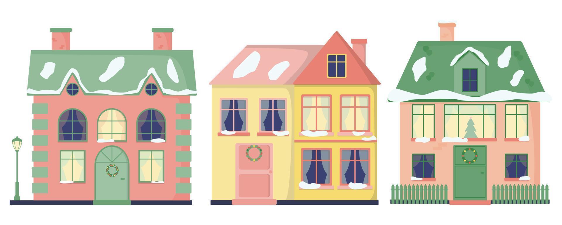 een reeks van huizen met ramen, tegels, schoorstenen. straat lamp. schutting. kleur vlak vector illustratie geïsoleerd Aan een wit achtergrond.