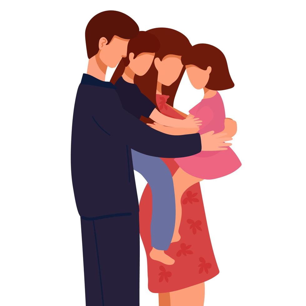 vector illustratie van een gelukkig familie, moeder vader dochter zoon Holding handen en knuffelen, compleet welvarend familie vector