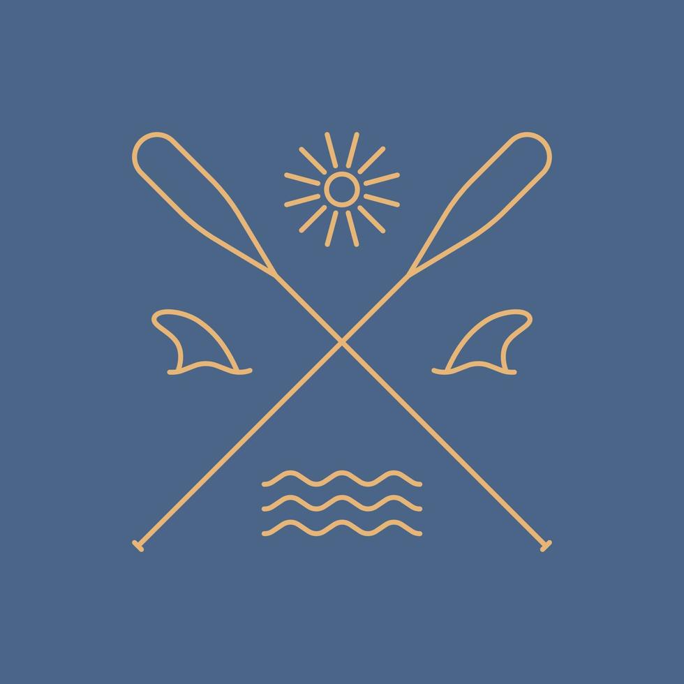 eenvoudig vier element van golven, haai, kano en zon verdeeld door kano peddelen in mono lijn kunst voor insigne, sticker, t overhemd kleding, enz vector