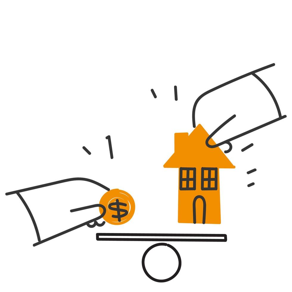 hand- getrokken tekening huis en geld Aan gewicht schaal illustratie symbool voor lening huis vector