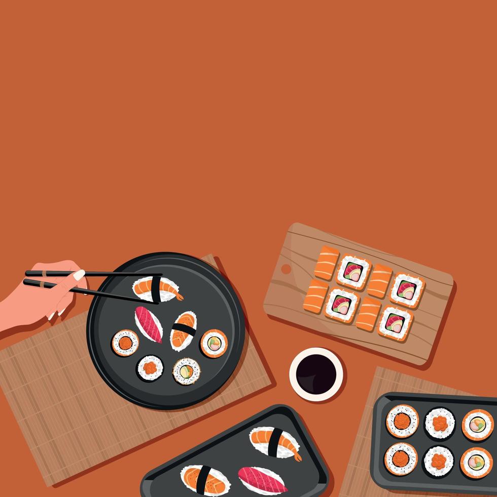 plein achtergrond ontwerp met een meisje aan het eten Japans voedsel, broodjes, ramen soep voor sociaal media. menu, voedsel concept. banier, reclame. vector