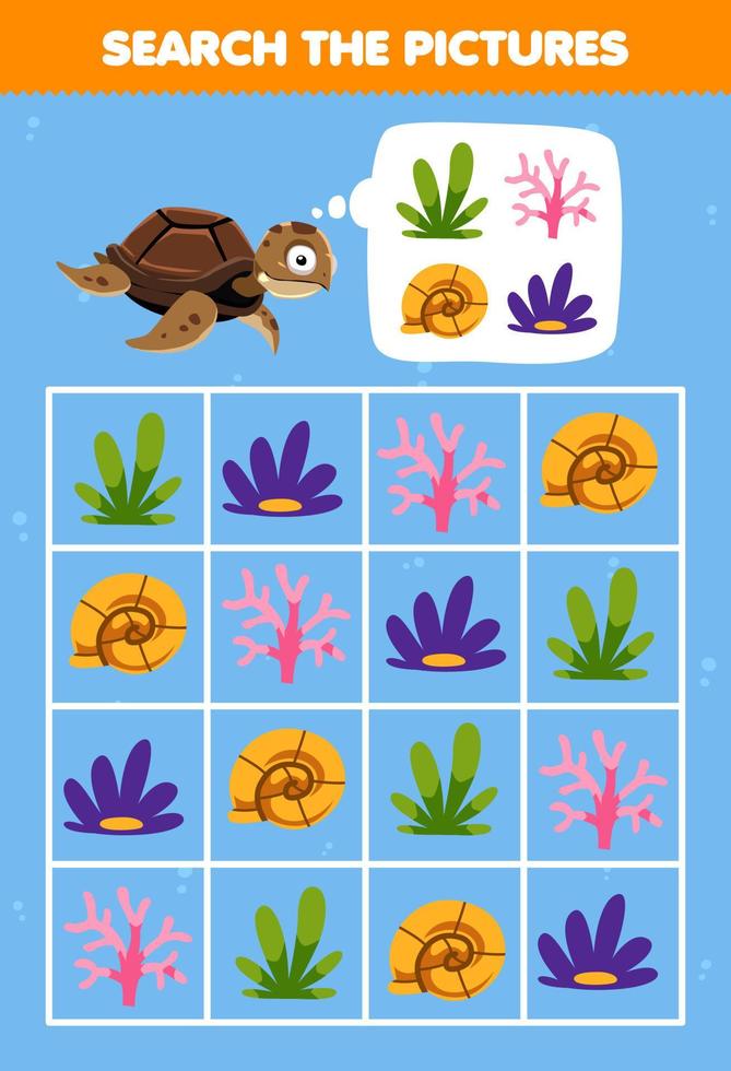 onderwijs spel voor kinderen helpen schattig tekenfilm schildpad plein de correct koraal reeks afbeelding afdrukbare onderwater- werkblad vector