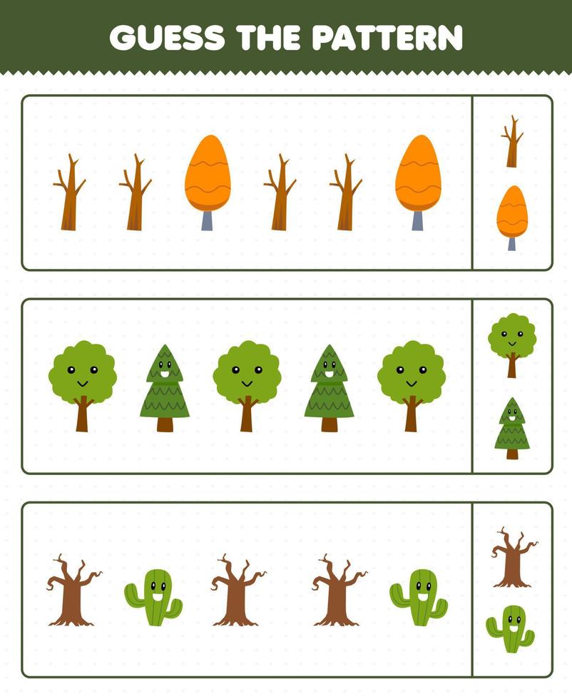 onderwijs spel voor kinderen Raad eens de patroon elk rij van schattig tekenfilm boom afdrukbare natuur werkblad vector