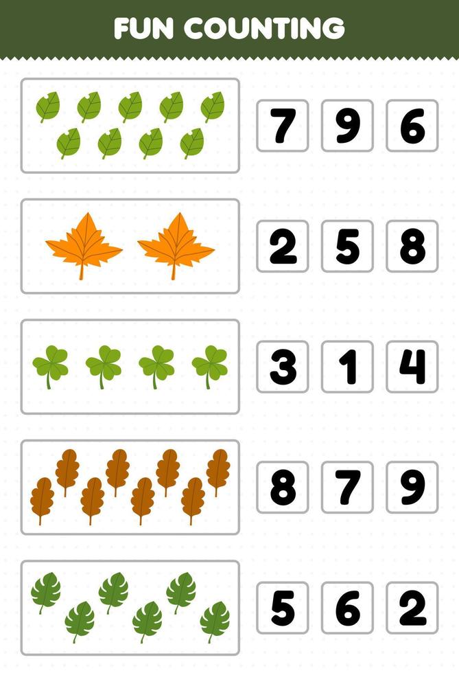 onderwijs spel voor kinderen pret tellen en kiezen de correct aantal van schattig tekenfilm blad afdrukbare natuur werkblad vector