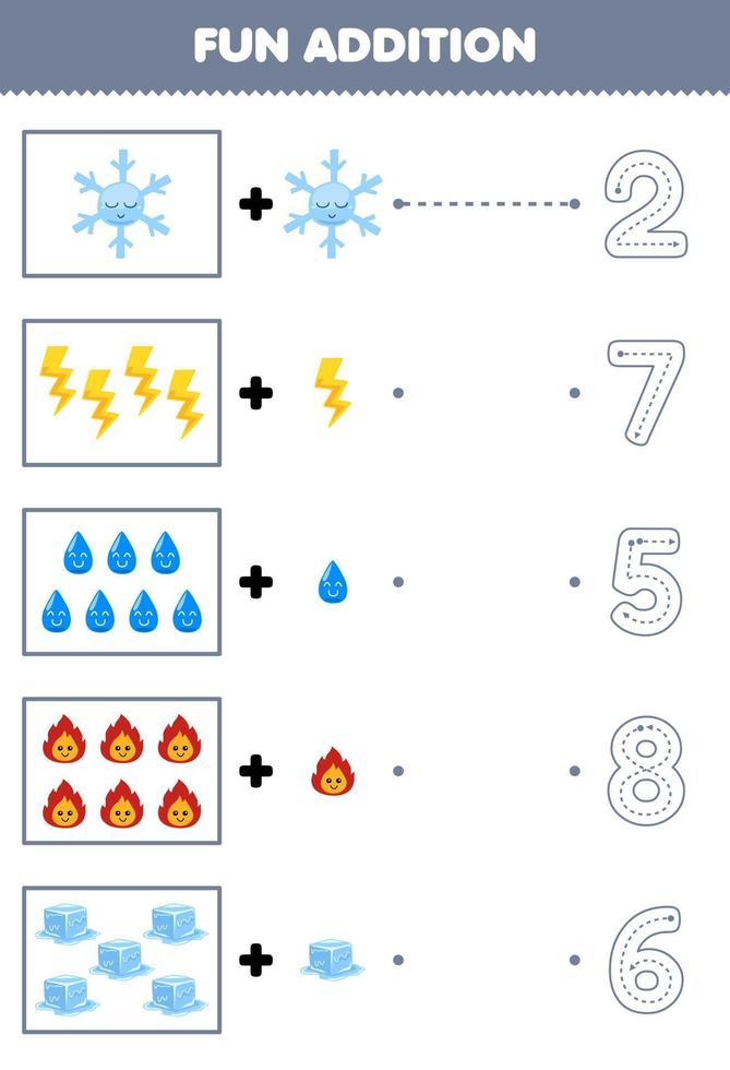 onderwijs spel voor kinderen pret tellen en toevoegen een meer tekenfilm sneeuwvlok donder water brand ijs vervolgens Kiezen de correct aantal natuur werkblad vector