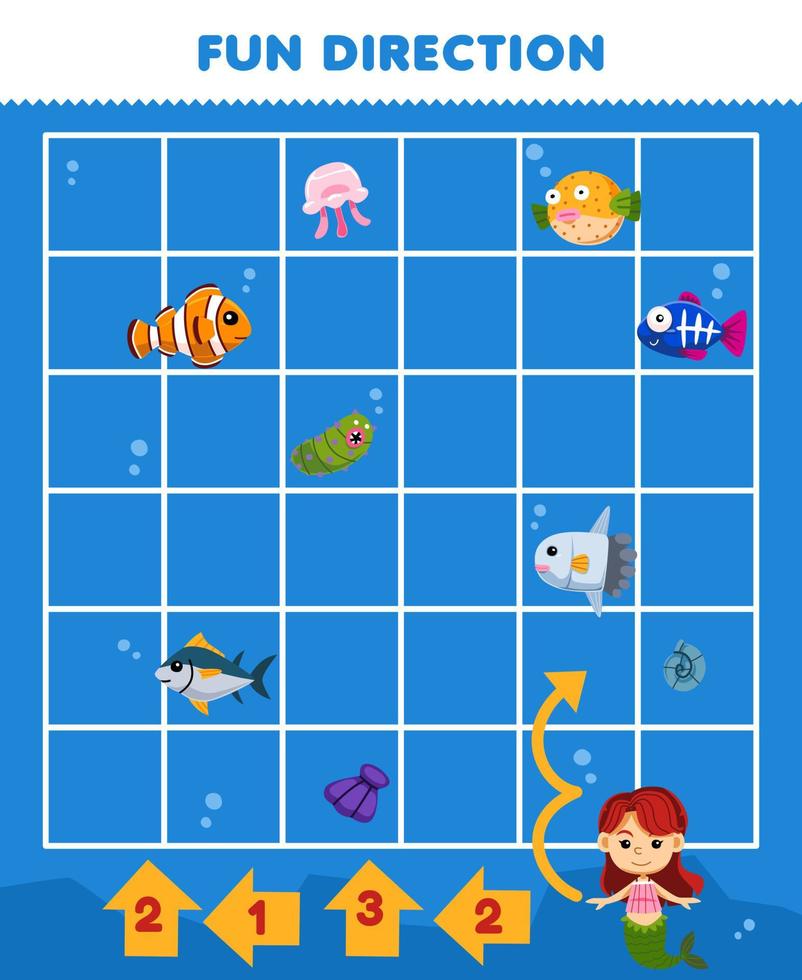 onderwijs spel voor kinderen pret richting helpen schattig tekenfilm meermin meisje Actie volgens naar de getallen Aan de pijlen afdrukbare onderwater- werkblad vector