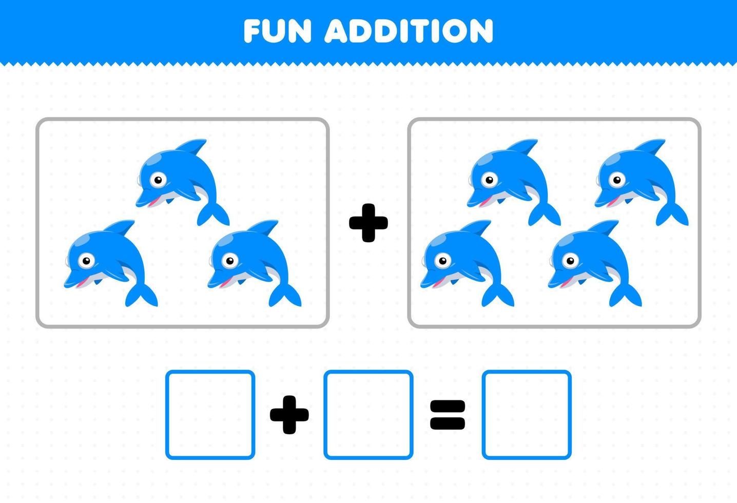 onderwijs spel voor kinderen pret toevoeging door tellen schattig tekenfilm dolfijn afbeeldingen afdrukbare onderwater- werkblad vector